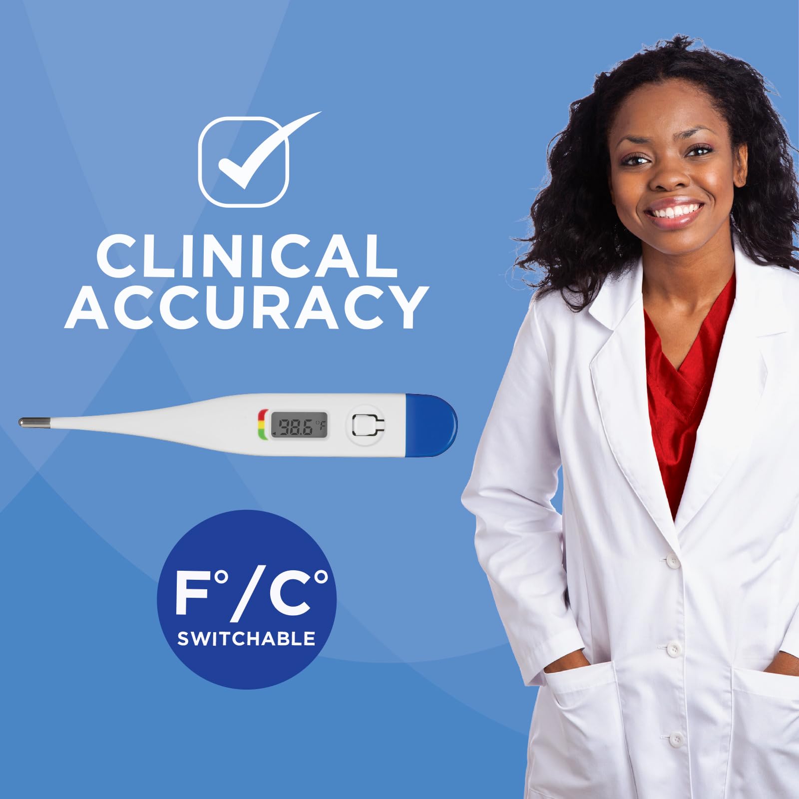 Healthwise Digital-Thermometer, 30 Sekunden Lesen, Fieberanzeige, starre klinische Spitze, hygienisch, wasserfest, einfache Reinigung, Aufbewahrungsetui + Sondenabdeckung im Set