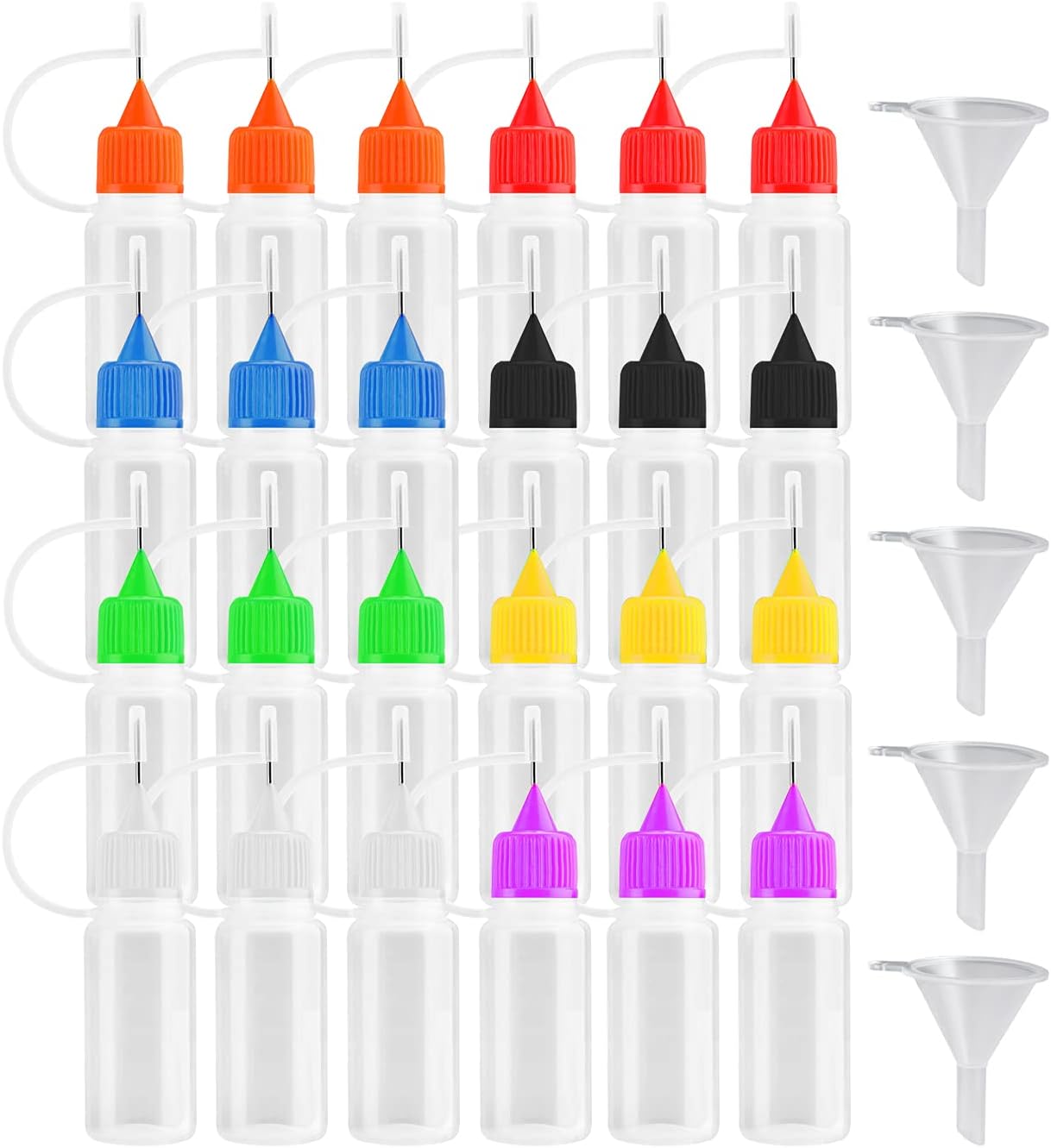24pcs 30ml Needles Precision Tip Applicator, Translucent Glue Bottles and 8 Color Tips for DIY Quilling Craft, Acrylic Painting, with 5 Funnel
