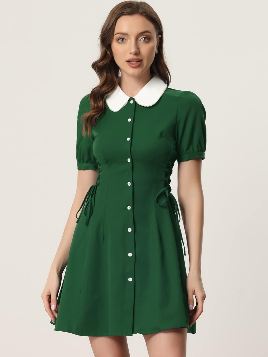 Allegra K Women's Vintage Peter Pan Collar Lace Up Button Down A Line Dress - Image 2