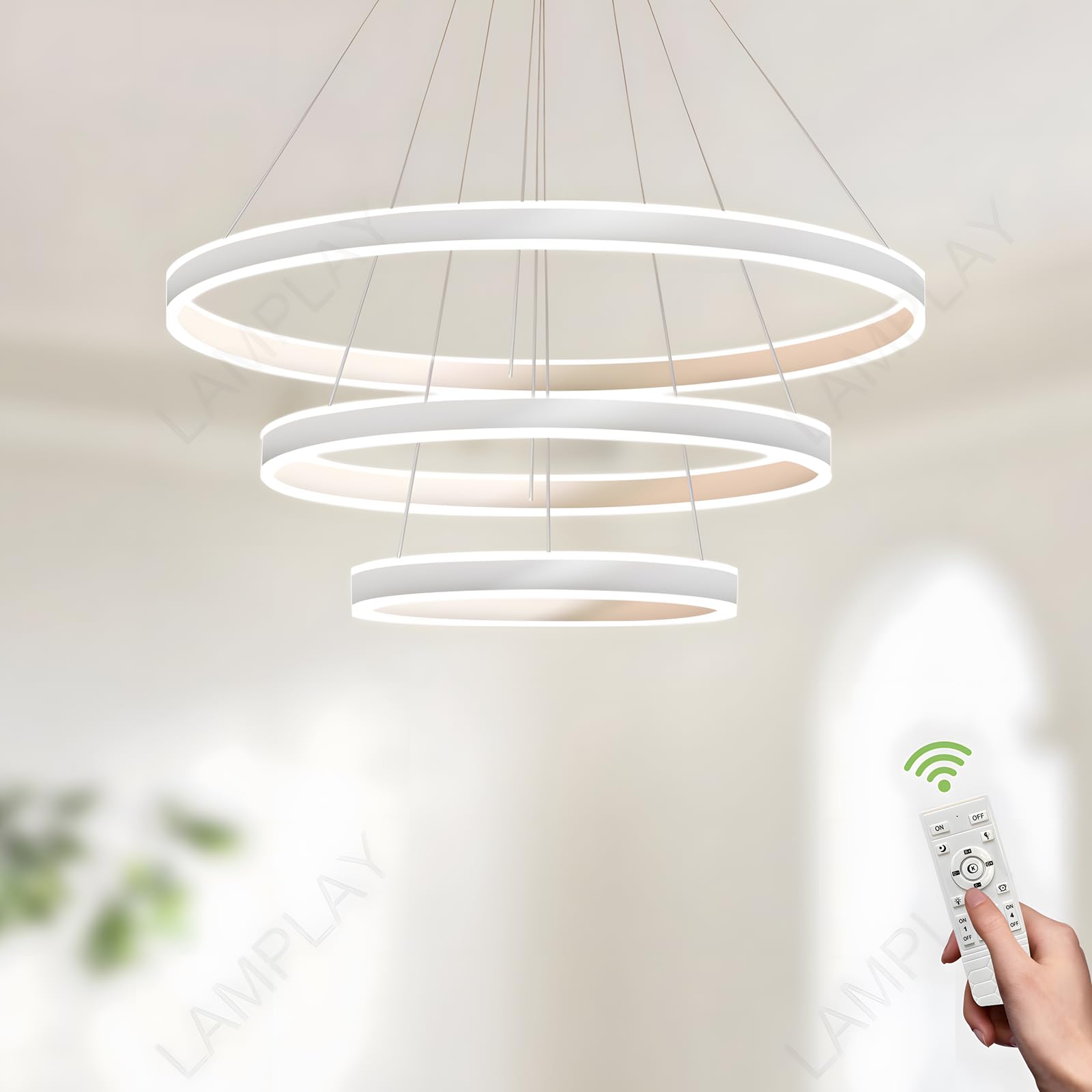 LAMPLAY Runde Moderne LED-Pendelleuchte, 3 Weiß Ring-Kronleuchter, Dimmbar Mit Fernbedienung 3000K-6000K Deckenleuchte, Höhenverstellbar, Foyer, Wohnzimmer, Schlafzimmer, Esszimmer(Ø20+40+60cm)