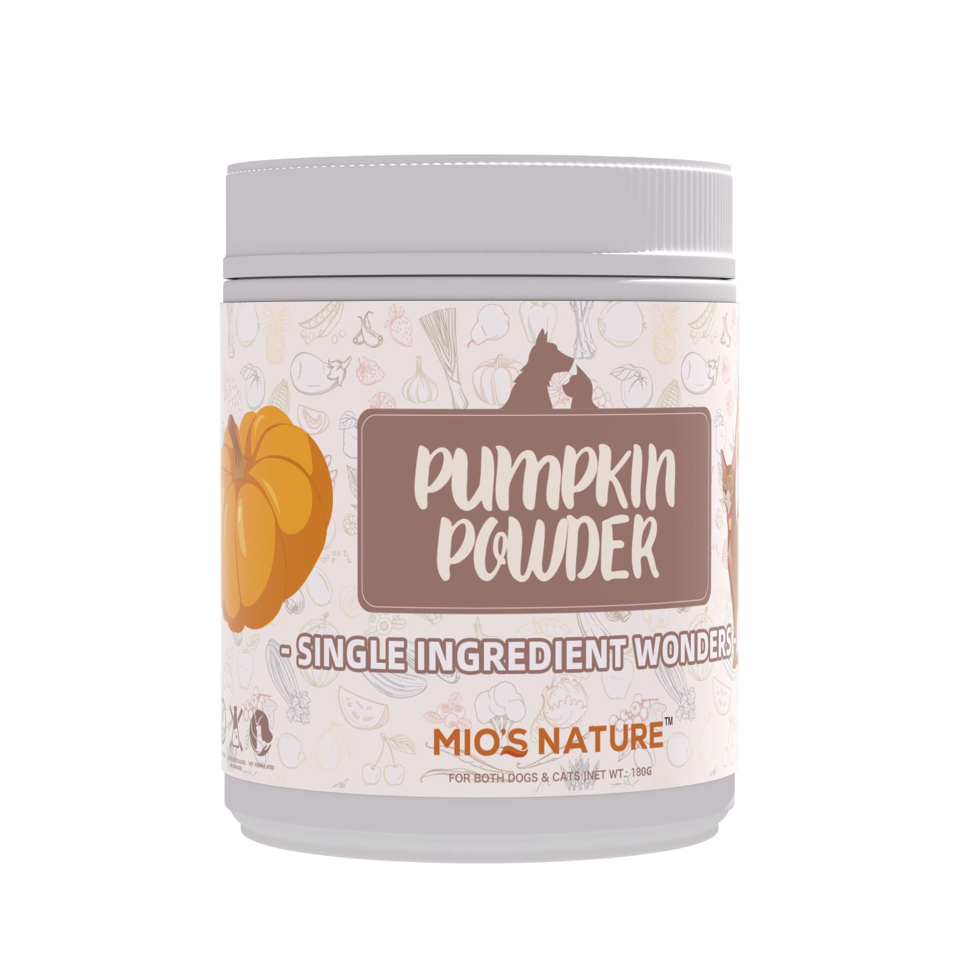 Mio's Nature Pumpkin Powder 180g - Alleviate Gas, Diarrhea and Upset Stomach - Addresses Soft stools, Constipation - for Dogs and Cats