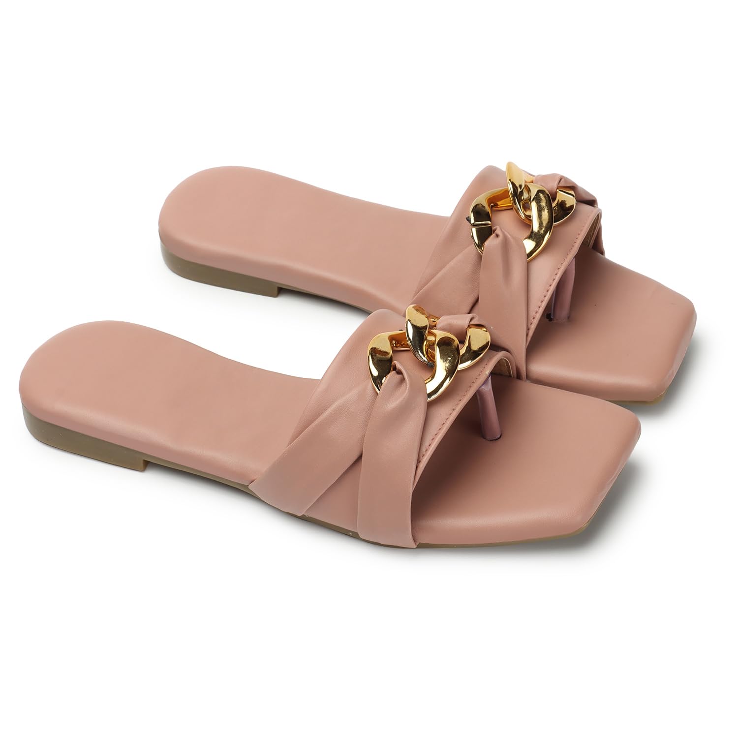 Womens Gold Chain Slip-On Flat Sandals - Trendy Look for Girls | Peach (B0CRVFB8WM) Amazon Price History, Amazon Price Tracker