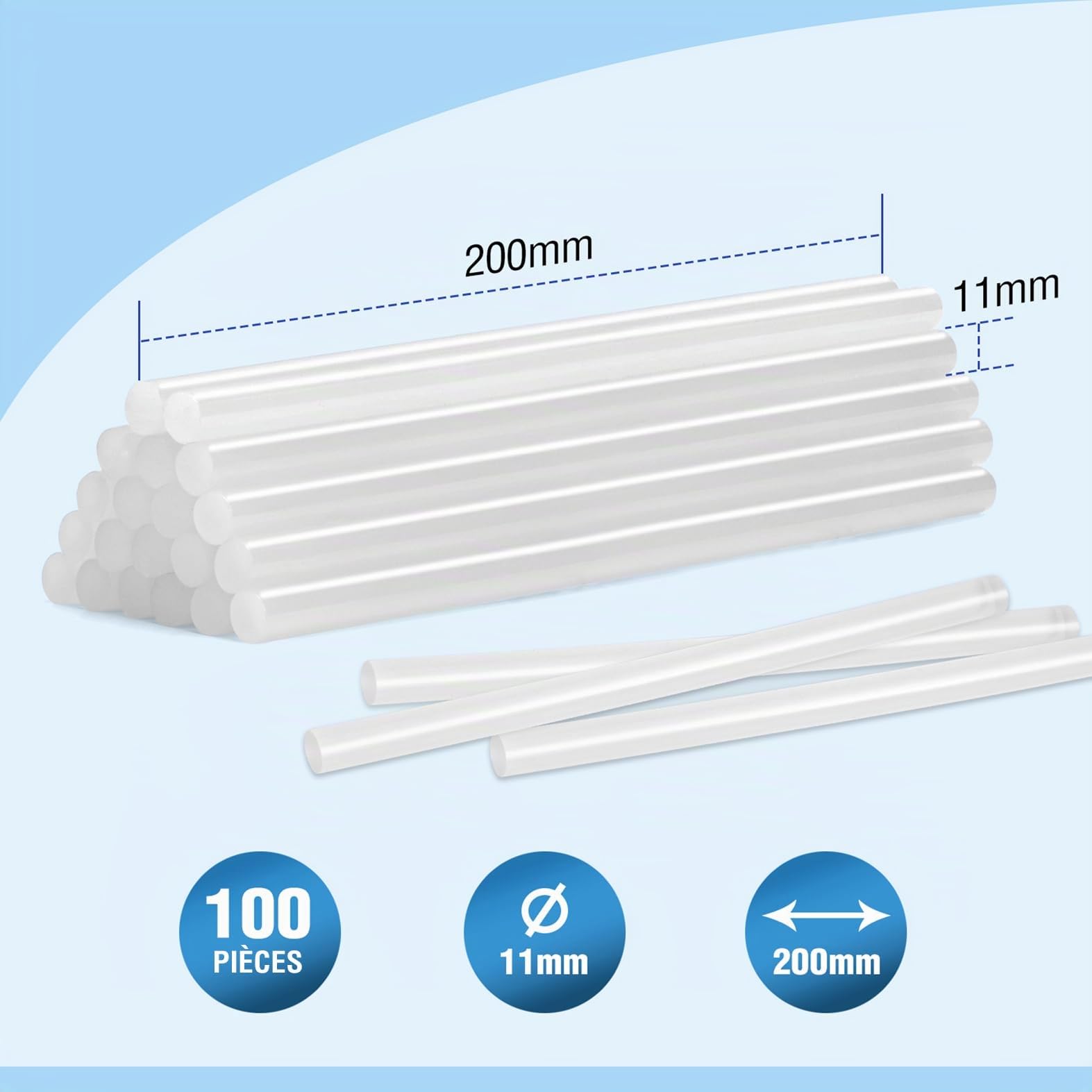 WORKPRO Lot de 100 Bâtons de Colle Chaude 200 x 11mm, Bâtonnets de Colle Transparents Universels pour Pistolet à Colle Chaude, Idéal pour Bricolage, Artisanat, Loisir