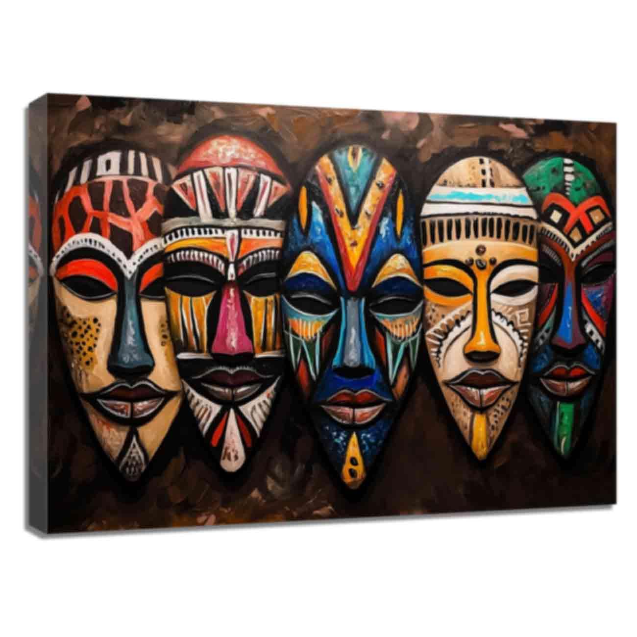 Masque africain tableau abstrait noir sur toile pour mur blanc vide