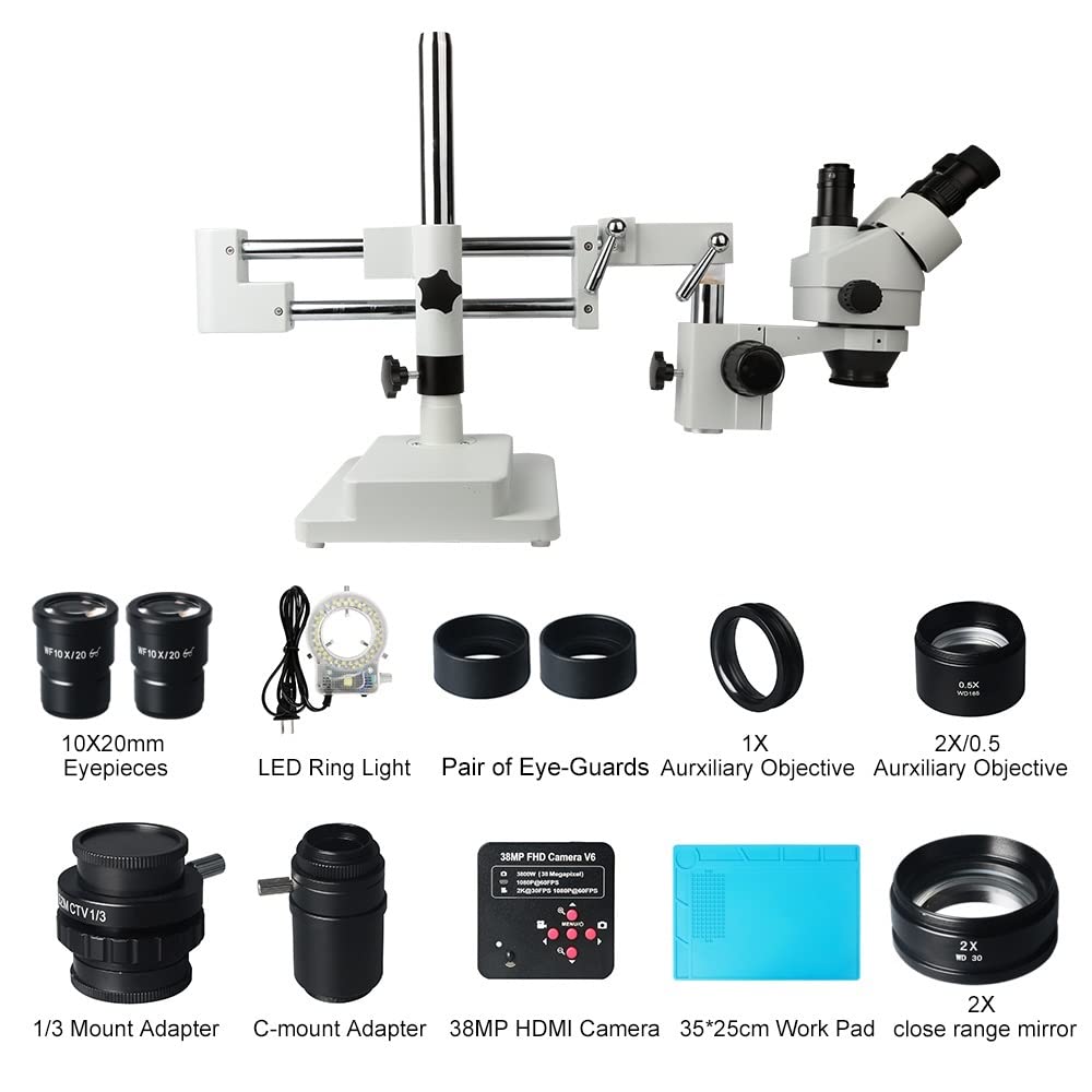 Microscope 3.5X-90X Double Boom Zoom Simul Focal Trinocular Stereo Microscope with 38MP USB Industrial Camera for Phone PCB Repair(White)