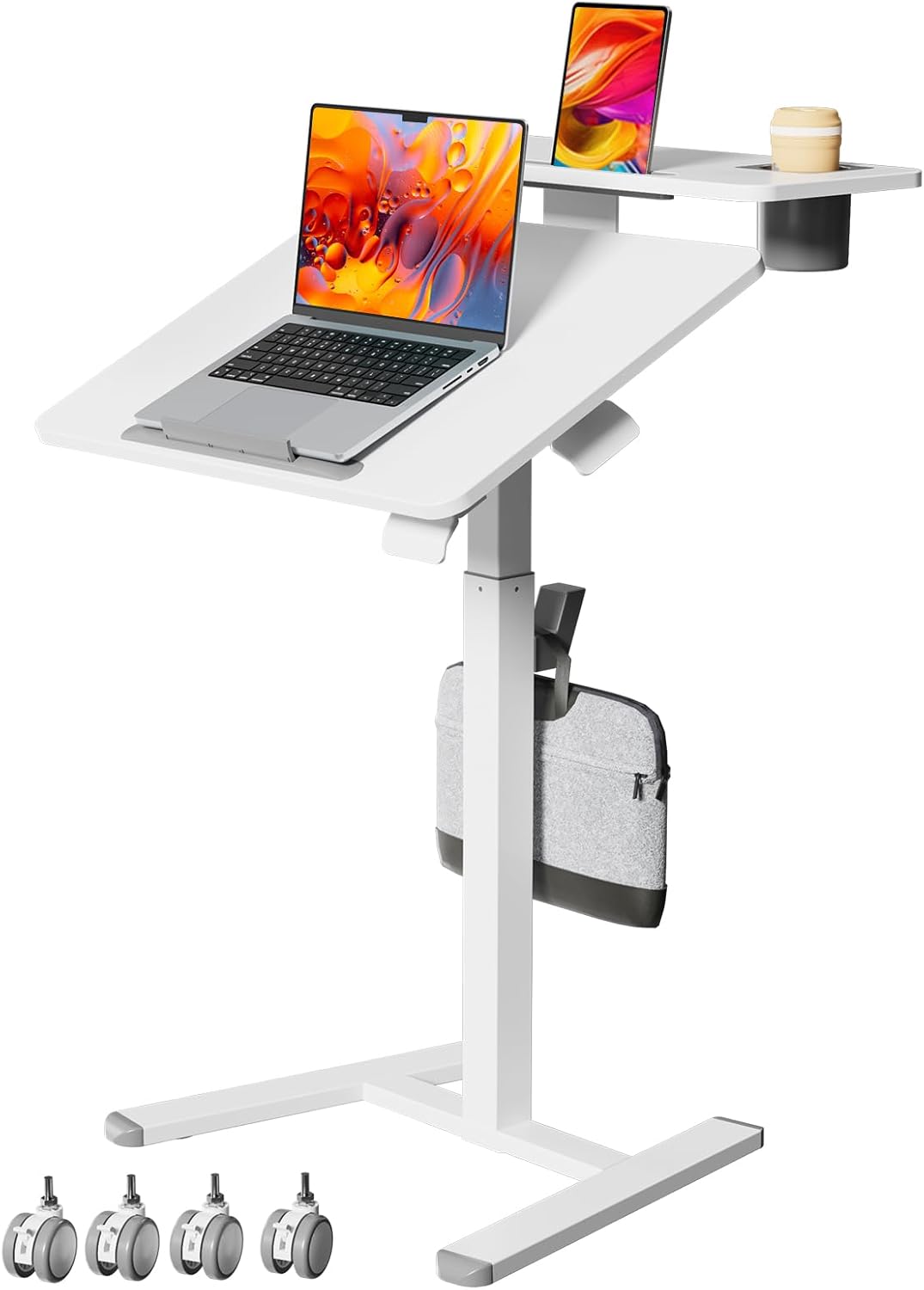 24Inch Rolling Standing Desk On Wheels， Mobile Laptop Stand with Tiltable Desktop， Smaller Computer Workstation Adjustable Height， 2-Tier Portable Study Table with Storage Shelves， White