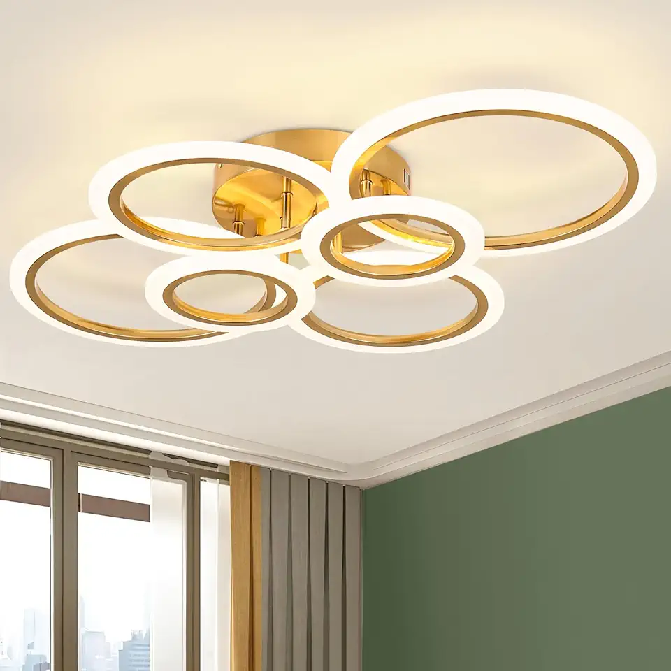Luminária de Teto Minimalista 6 Anéis Dourada, Ajustável 3 Temperaturas de Cor, LED Dimerizável, Lustre Moderno para Cozinha, Quarto, Sala de Estar, Corredor (6 Anéis)