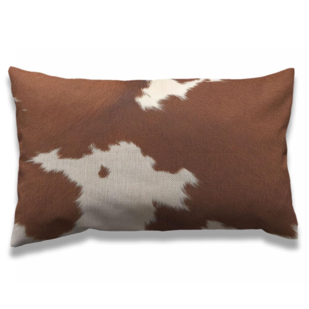 AOYEGO Cowhide Throw Pillow Cover 12x20 Inch Leopard Fur Farm Animal Tri Color Brown Cow Rectangle Pillow Cases Home Decorative Cotton Linen Cushion