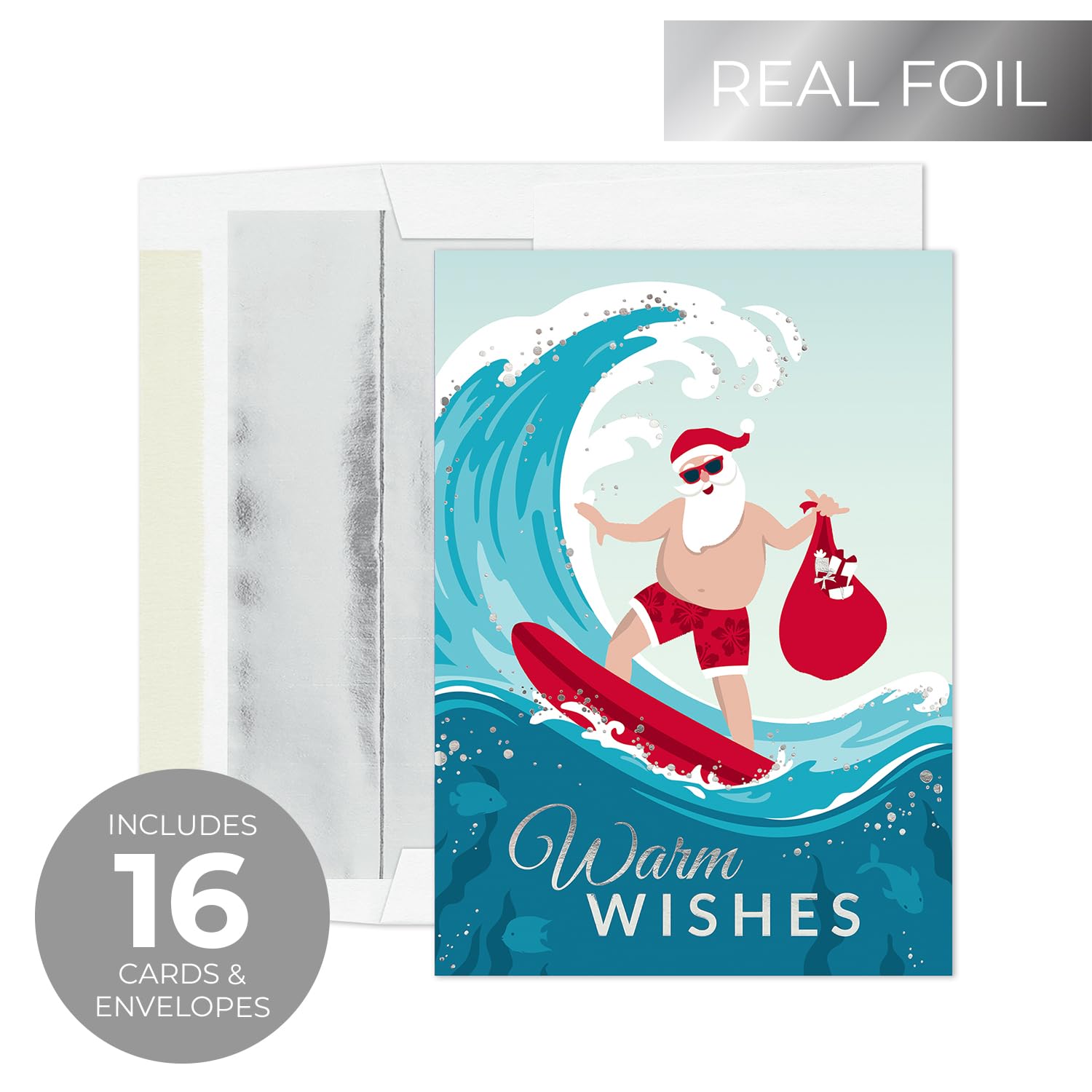 Masterpiece Surfing Santa Weihnachtskarten, 16 Boxed Beach Holiday Cards mit Silberfolien-Akzenten und passenden Umschlägen, 14 x 19 cm, gefaltete warme Wünsche Winterurlaub-Grußkarten mit Innentext