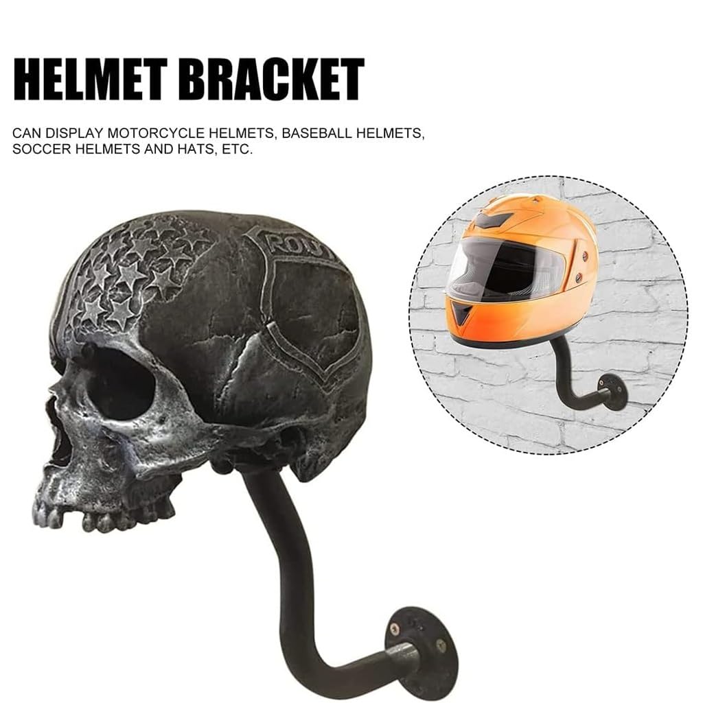 Porta Casco da Moto con Teschio,Supporto a Parete per Casco da Moto in Resina Rimovibile, Gancio per Casco da Bici, per Caschi da Baseball, Pallacanestro(Gray)