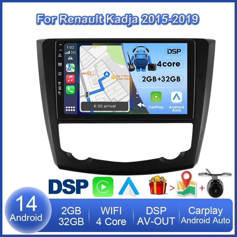 Android 14 Radio samochodowe do Renault Kadjar 2015-2019 Wireless Carplay Android Auto 9"Touchscreen Podwójny Din Radio for Renault Kadjar Head Unit GPS Navi Bluetooth FM/RDS AHD Rückfahrkamera 2+32G