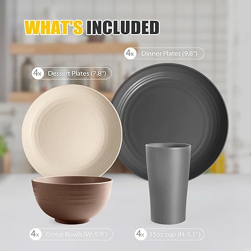 Miniatura 2 de Teivio Juego de vajilla de plástico de paja de trigo de 16 piezas, servicio para 4, platos llanos, platos de postre, cuencos para cereales, vasos,