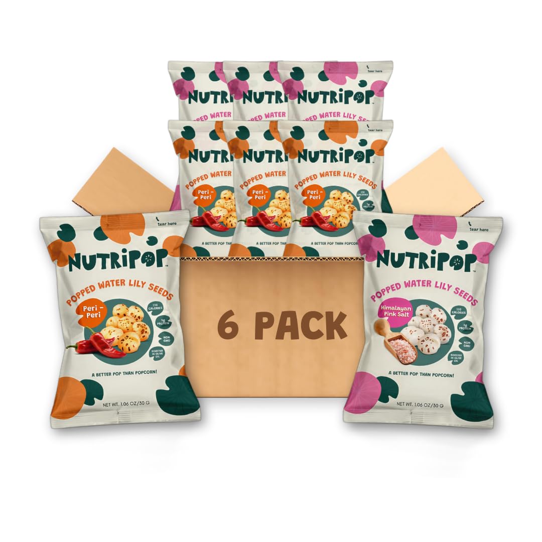 NutriPop Popped Water Lily Seeds Snack, Himalayan Pink Salt, 6-Pack | Fox Nuts (Makhana) | Light & Crunchy Savory Snack - Gluten-Free, Vegan, Paleo, Nut-Free, Corn-Free, Soy-Free, Non-GMO