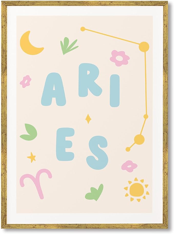 Framed Aries Zodiac Sign Canvas Print Art Boho Wall Art Painting Cute Astrological Poster Pictures Trendy Dorm Room Wall Decor Minimalist Aesthetic Home Decor Art Print (Gold Framed,12L x16W)