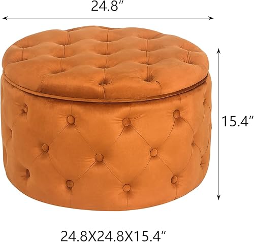 Miniatura 39 de Adeco Moderna silla otomana redonda de almacenamiento de 28 pulgadas, reposapiés otomano tapizado con botones con almacenamiento para sala de estar