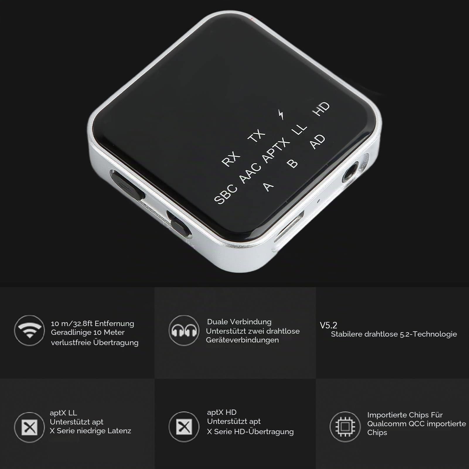 Annadue Bluetooth Audio Adapter, aptX Low Latency Bluetooth Transmitter Empfänger für TV PC Heimstereoanlage, aptX Adaptive & aptX HD & aptX LL, 3,5 Mm AUX Schnittstelle, 10M Distanz