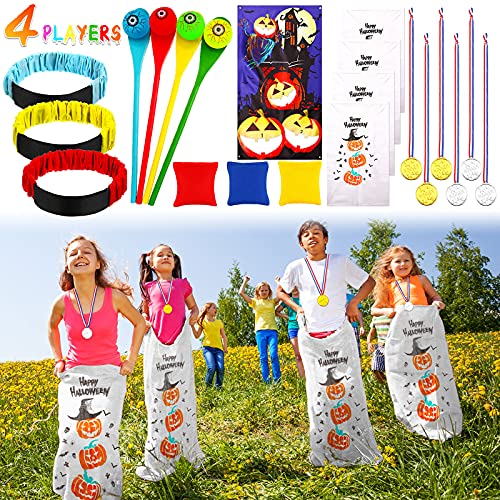 25pcs Halloween Potato Sack Race Bags Halloween Pumpkin Bean Bag Legged Relay Race Bands Eyeballs and Spoons Halloween Banner for Halloween Party Games Outdoor Games Party Lawn Carnival Games