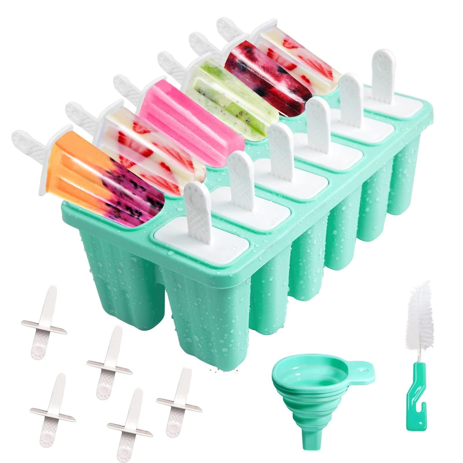 Molde de Silicona para Helados, Reutilizables y Libres de BPA, Incluyen un Cepillo de Limpieza y Embudo de Silicona Plegable, Fácil de Usar para Helados Caseros (12 Cavidades - Verde)