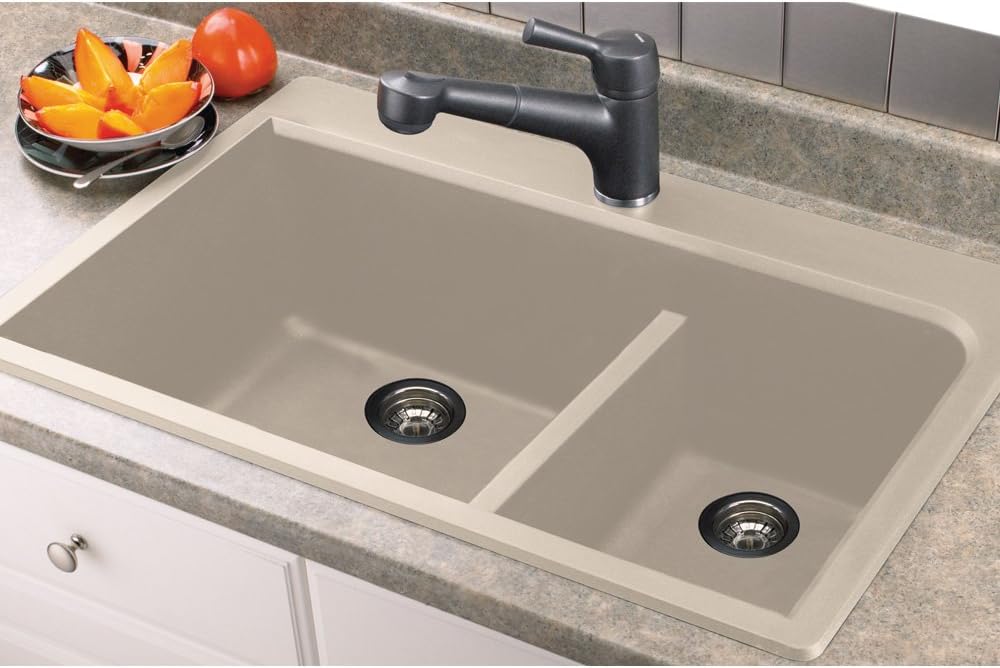 Get Cheap Price Transolid RTDJ3322-16 Radius 33-in x 22-in x 9.5-in Granite 1-3/4 J-Shaped Double Drop-in Kitchen Sink with 1 Pre-Drilled Faucet Hole, Cafe Latte