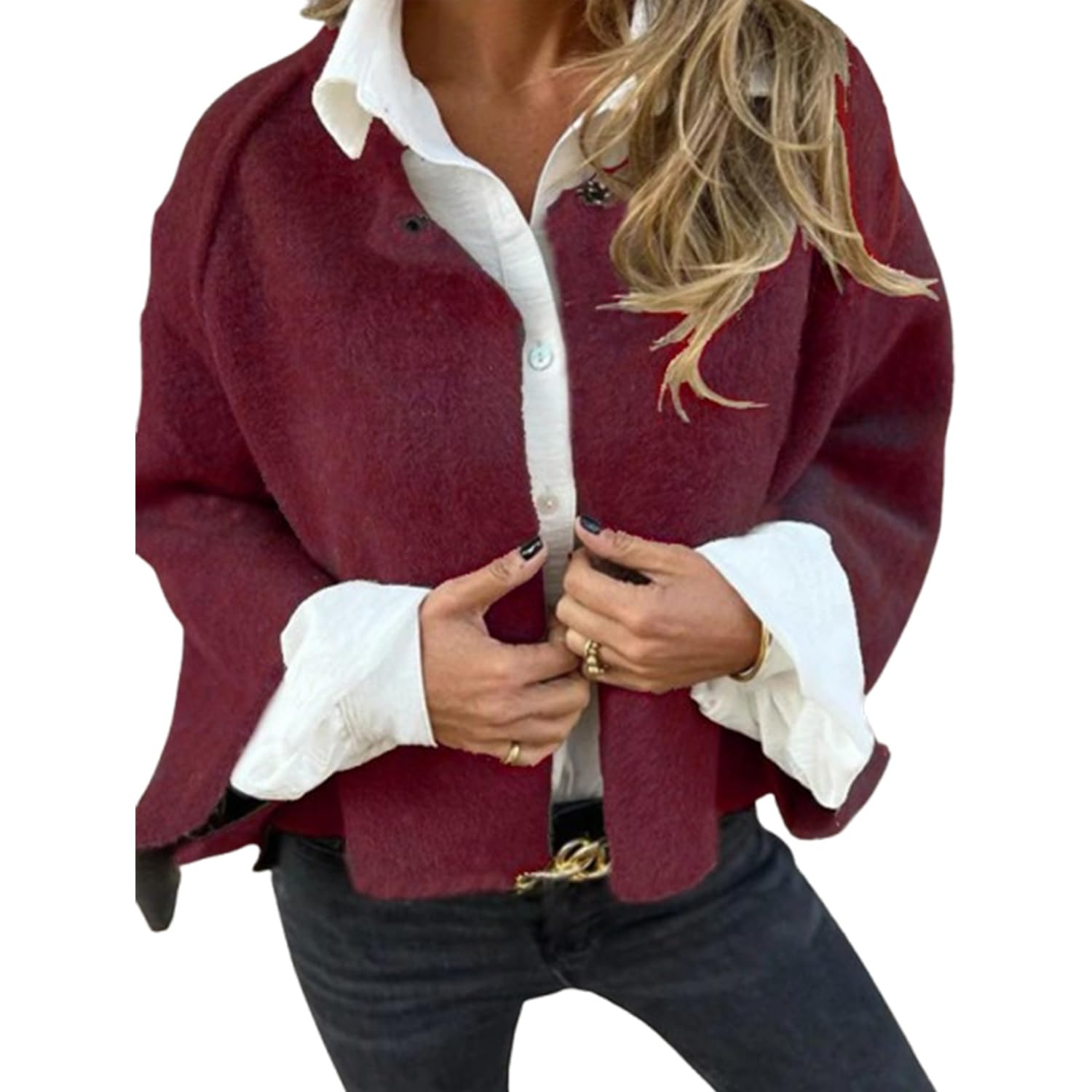 PNZLZIA Women's Round Neck Woolen Long Sleeve Coat, Soft Warm Cashmere Cardigan Jacket, Women Cropped Wool Blend Coat (5X-Large,Wine Red)