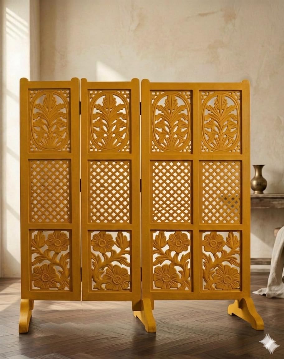 Crafted Wood Handcrafted Wooden Room Divider Partition, 4 Feet, Floral Carved Folding Screen (Yellow, 2 Panel with Stand)-image-24