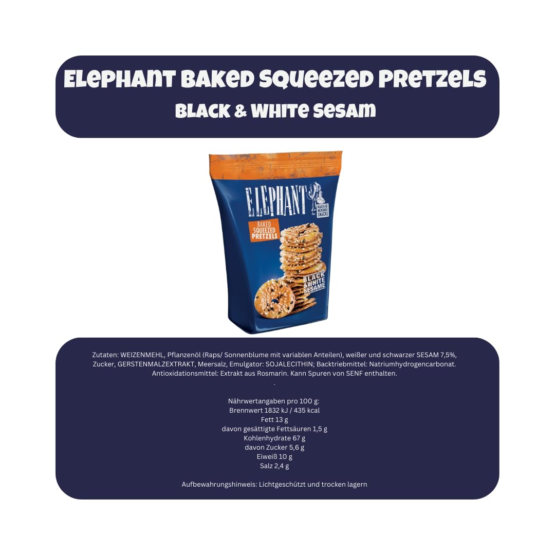 Pretzels Elephant Baked Squeezed Pretzels con sésamo blanco y negro, 3 x 180 g, crujientes aperitivo