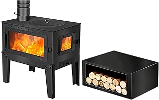 New FENGXCXY Wood-Burning Stove with dual viewing windows, 4-leg multifunctional fireplace, and pellet stove thermostat. Heats homes and offices up to 540 square feet. Easy to clean. Black.