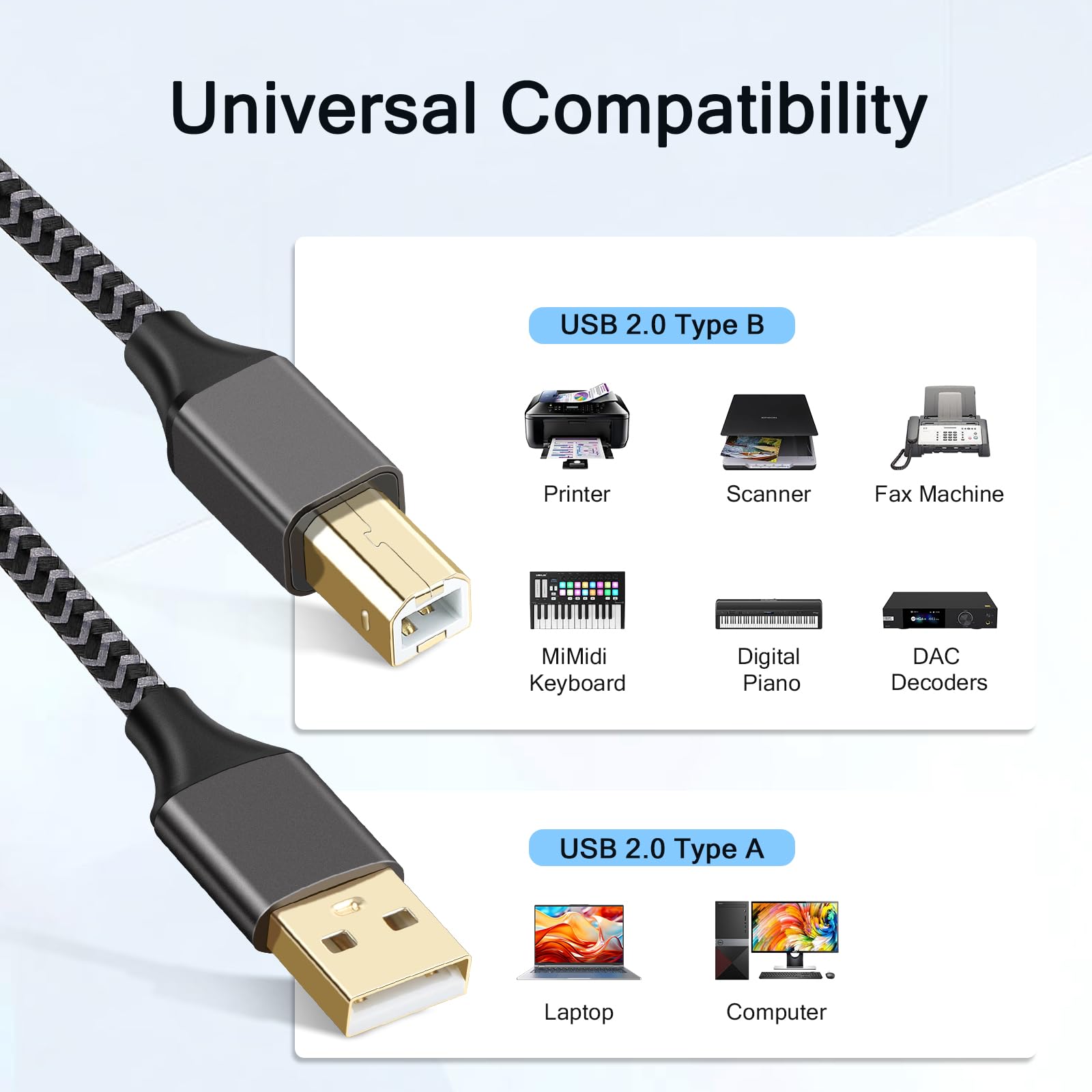 Câble d'imprimante USB A vers B en nylon tressé haute vitesse pour clavier, imprimantes et scanners (1 m)