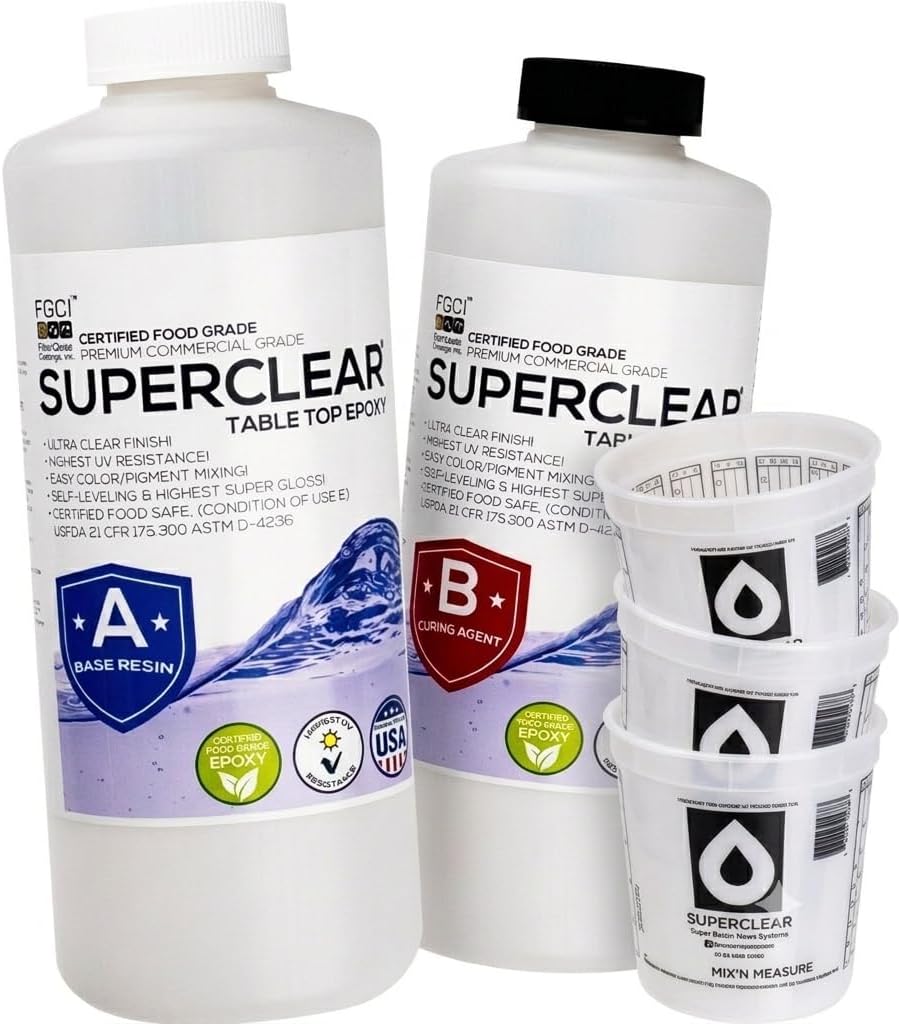 Superclear Table Top Epoxy Resin, Crystal Clear 1:1 Protective Coating for Tabletops, Bar Tops, Countertops, Anti-Yellowing UV Resistant, Made in the USA - 2 Quart Epoxy Resin Cup Kit