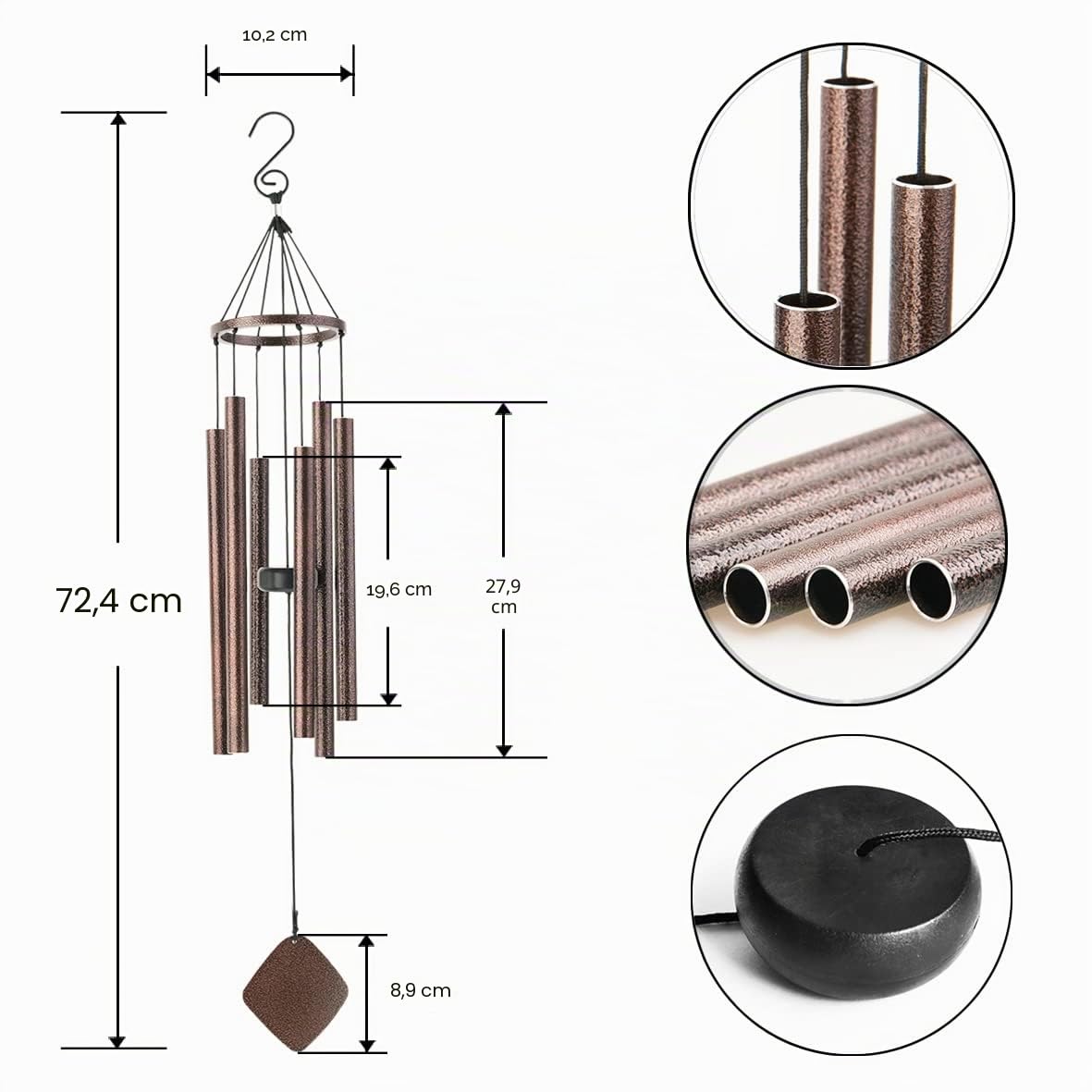 Windspiele-6 hohlaluminiumrohre, 28" Wind Chime für Garten 4Wx28.5H Zoll Kupfer-ader