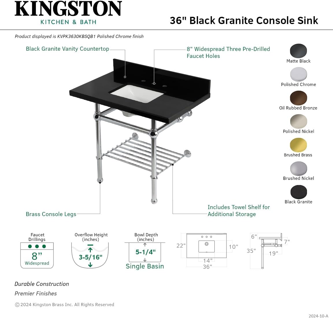 Kingston Brass KVPK3630KBSQB1 Templeton 36" Console Sink with Brass Legs (8-Inch, 3 Hole), Black Granite/Polished Chrome