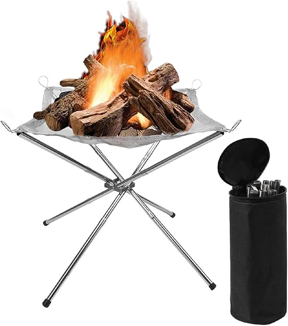 OneWiz Portable Fire Pit Wood Burning, 304 Stainless Steel Camping Fire Pit with Bracket, Carrying Bag, Lock Ring and Folding Fire Pit Net for Camping Fire, Picnic, Outdoor BBQ, Backyard Patio, Travel
