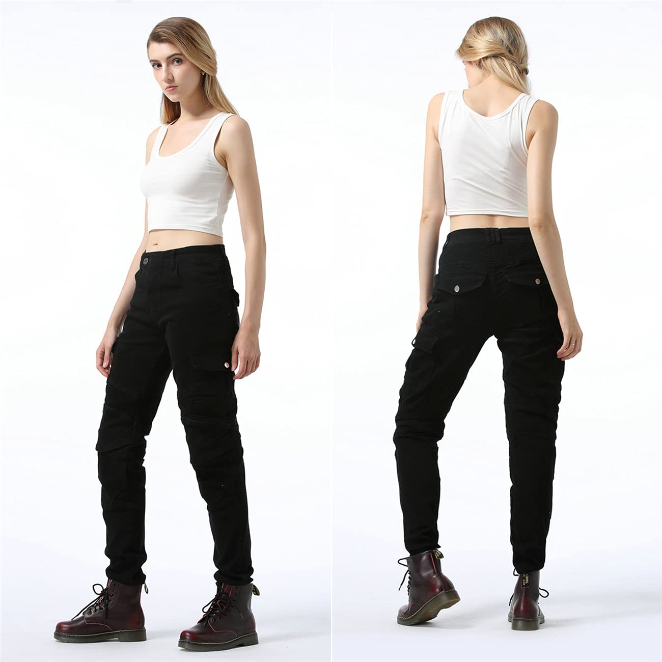 Donna Pantaloni Da Moto Jeans Stretch Multitasche Protettivi Denim Moto Pantaloni Anticaduta Biker Motociclista Pantalone Con 2 Protezioni Ginocchia E 2 Protettori Anca (Black,XXS)
