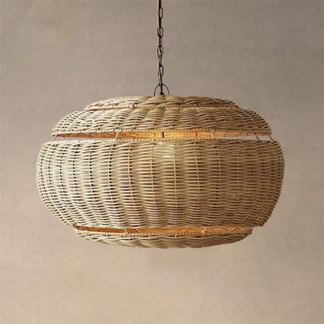 CSSYKV Mid-Century Rattan Basket Pendant Light for Bedroom Lamp Fixtures with E27 Bulb 18.9 Inches Large Farmhouse Rattan Cage Chandeliers for Kitchen Island, Living Room, Master Bedroom