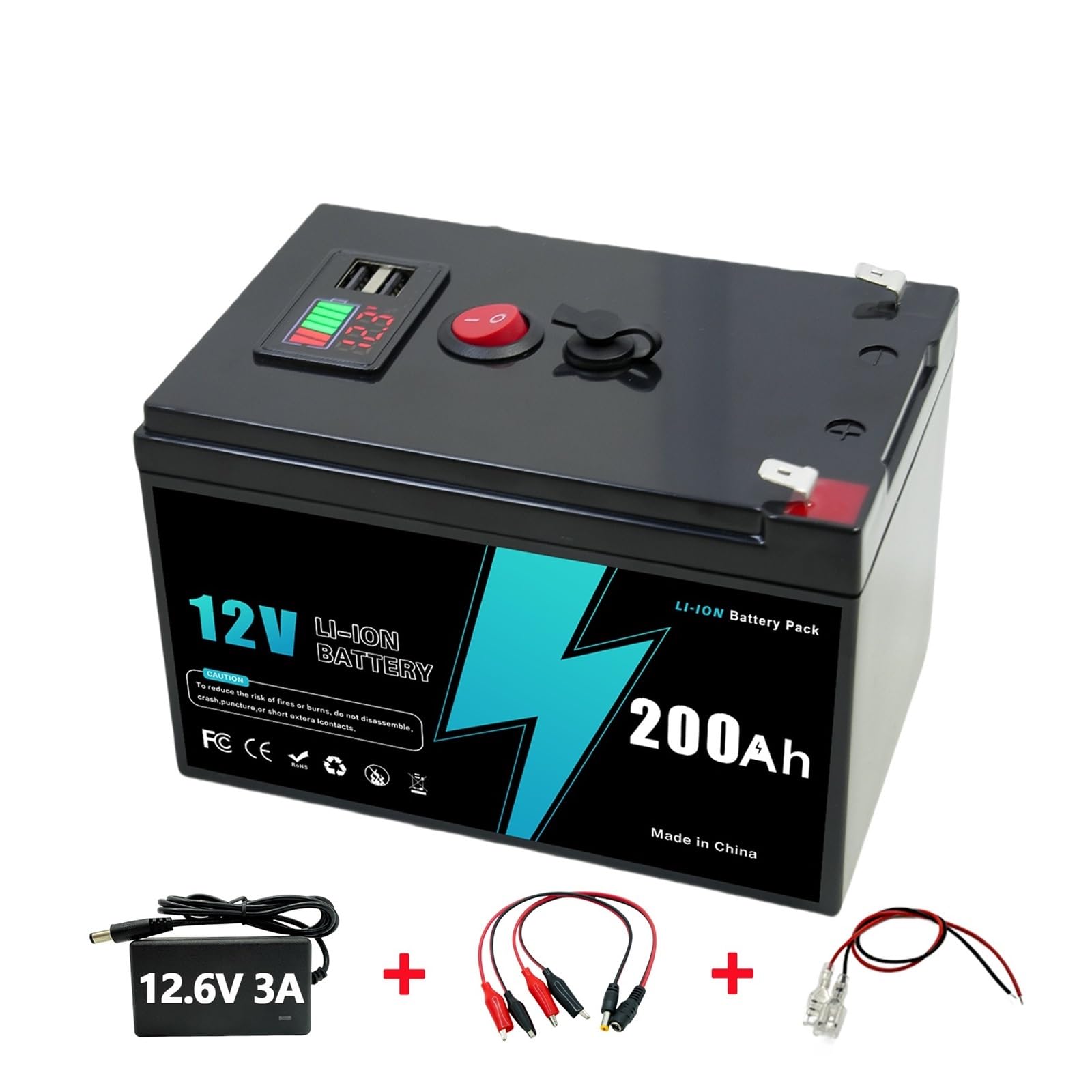 Batteria LiFePO4 12V 200Ah, ricaricabile a ciclo profondo con BMS for scooter, energia solare, off-grid, fish finder(12v 200Ah-charger)