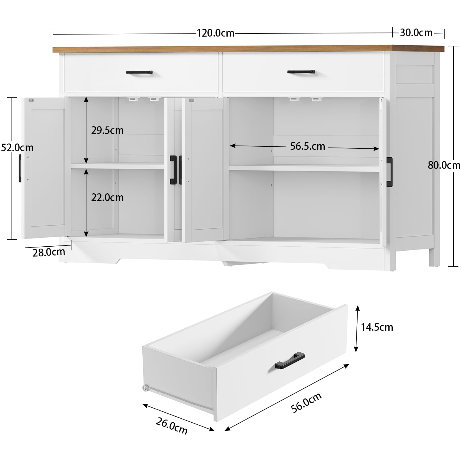 TEENFON 120 cm (B) Sideboard, 80 cm (H) Küchenschrank mit Arbeitsplatte, Buffetschrank mit 2 Schubladen & Verstellbaren Regalen, Küchenzeile für Küche, Wohnzimmer & Flur - 120 x 30 x 80 cm - Weiß