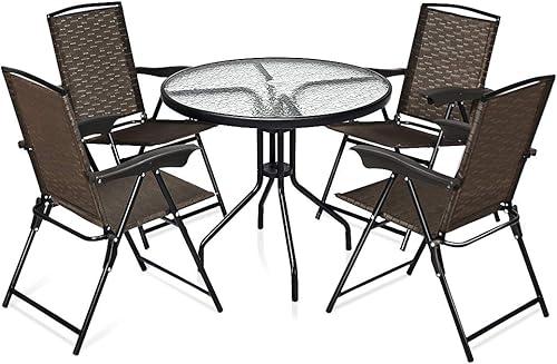 Miniatura 7 de Goplus Juego de 5 piezas de muebles de patio para exteriores, mesa redonda de jardín resistente a la intemperie y 4 sillas plegables (4 sillas tipo