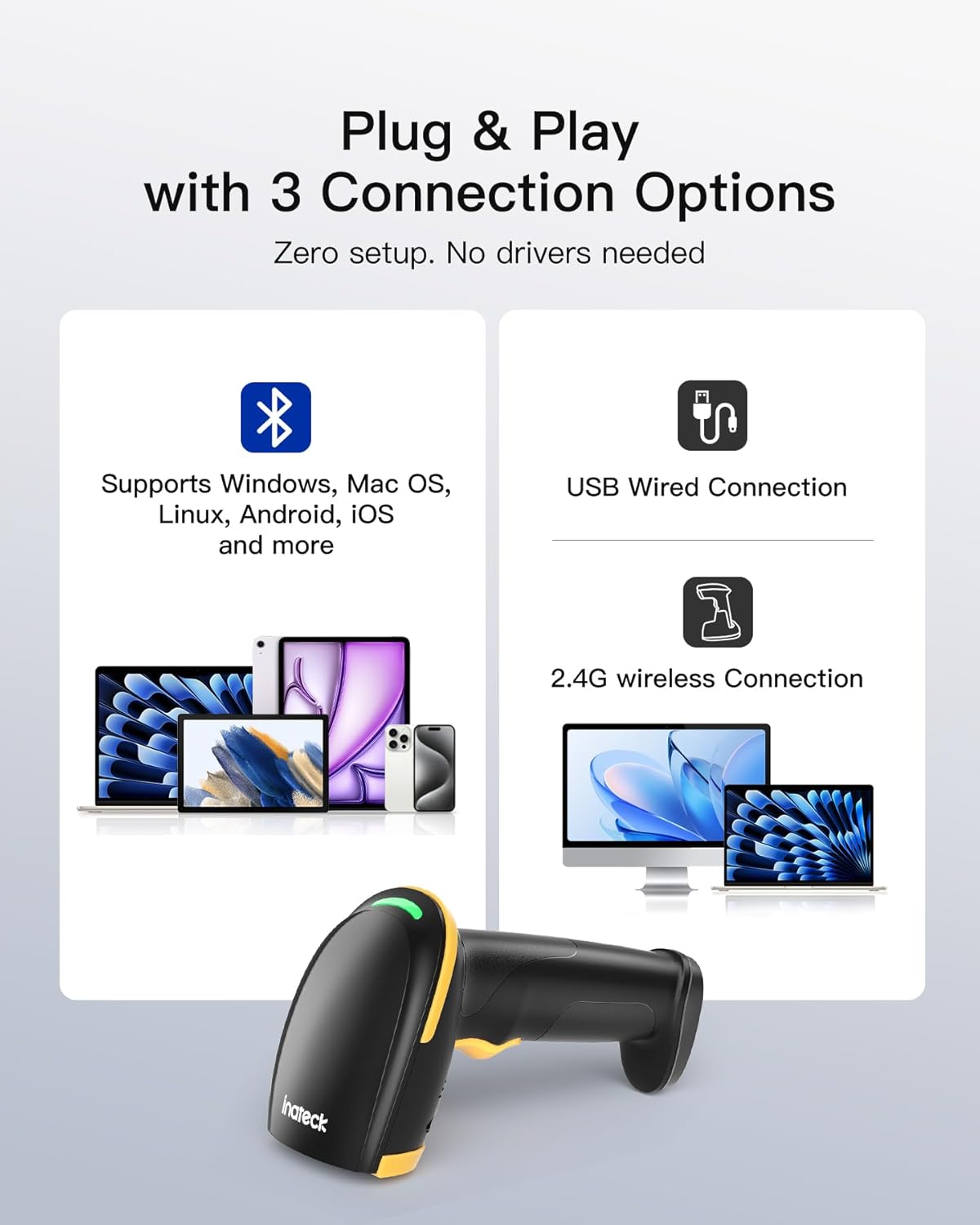 Inateck 1D Bluetooth Barcode Scanner with 2600mAh Battery, Plug-and-Play Wireless CCD Reader for Inventory, Library & Warehouse, Compatible with Windows, Mac, iOS, Android, BCST-24