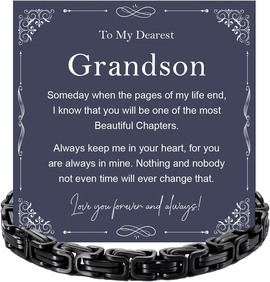 To My Grandson Black Link Bracelet - Birthday Gift for Grandson from Grandpa and Grandma With Message Card and Box, Graduation Gifts