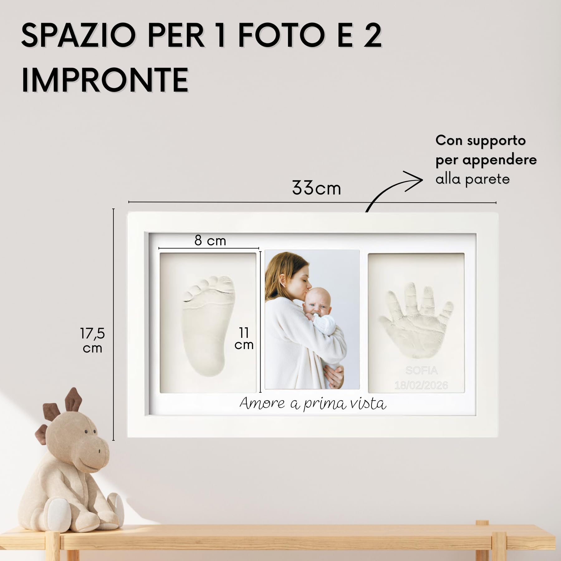 Kit impronte neonato con argilla e cornice per calco mani e piedi, idea regalo nascita o battesimo, ricordo originale bianco