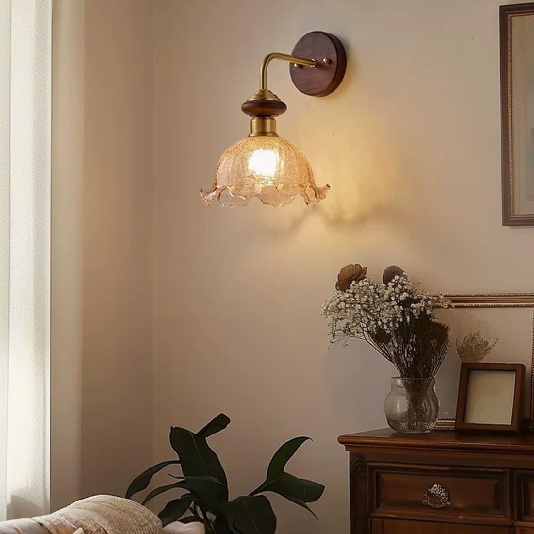 Lampada da parete moderna a forma di fiore in vetro con base in legno massello, stile retrò, applique industriali per interni, ideale per camere da letto, comodini, soggiorni, verande, ingressi e sal