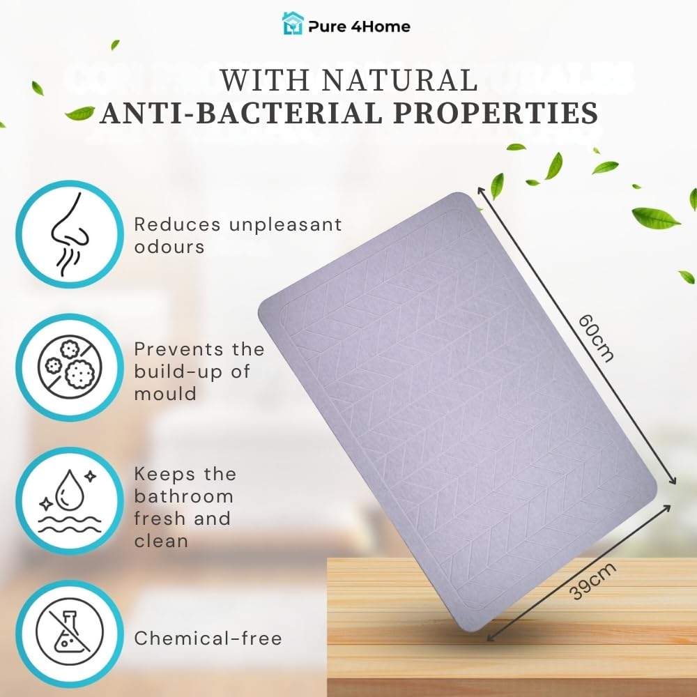 Pure 4Home Diatomeeënaarde Badmat, antislip, 60 x 39 cm, super absorberend, sneldrogend, natuursteen, badkamer, diatomeeënsteen, badmat, (Turks wit
