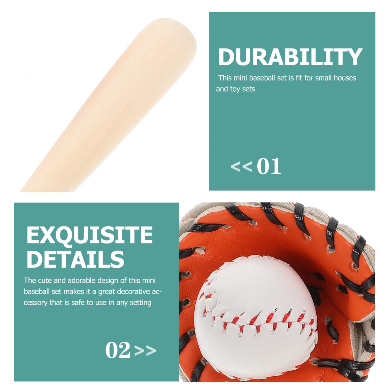 TOYANDONA Mini Baseball Softball Kit 3-Piece Set including Bat Glove and Ball for Dollhouse Decorations and Kids Outdoor Sports Play Accessories - Image 3