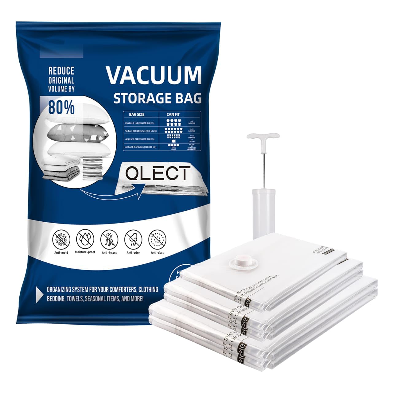 Qlect Polypropylene Reusable Ziplock Vacuum Storage Space Saver Bags For Clothes With Travel Hand Pump-Pack Of 5,White