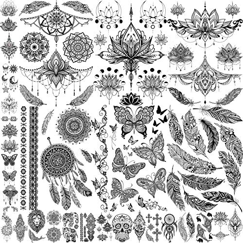 JOEHAPY 28 Sheets Sexy Lace Black Henna Temporary Tattoos For Women Adult Girl Mandala Flower Indian Tribal Lotus Fake Jewelry Butterfly Feather Tattoo Sticker Skull Dreamcatcher Tattoo For Chest Neck