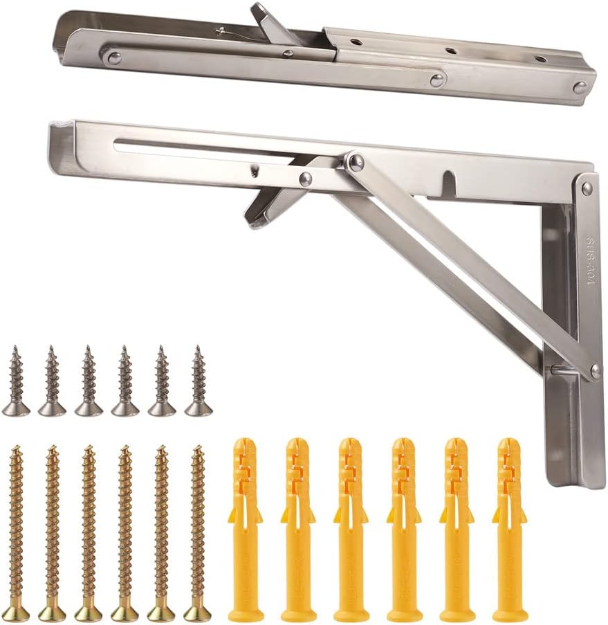 Craftdady 2 Pack Shelf Brackets with Plastic Plus & Iron Screws Heavy Duty Folding Angle Shelf Support Corner Brace Right Angle Wall Mounted Bracket, 13.7" x 6.88"