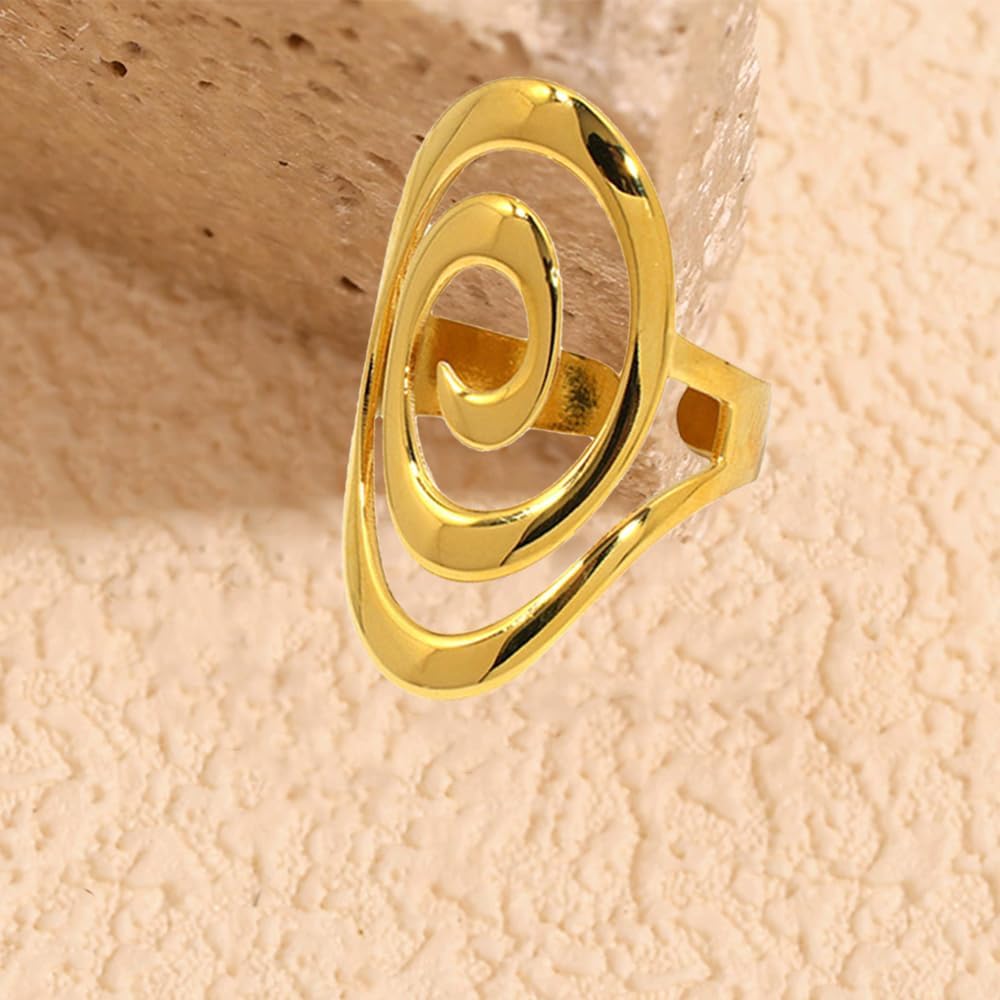 Spiral Swirl Geometric Ring for Women Men Luxurious Gold-Tone Plated Stainless Steel Statement Middle Thumb Finger Adjustable Open Rings Waterproof Bold Swirl Bands Hypoallergenic Fashion Jewelry - Image 6