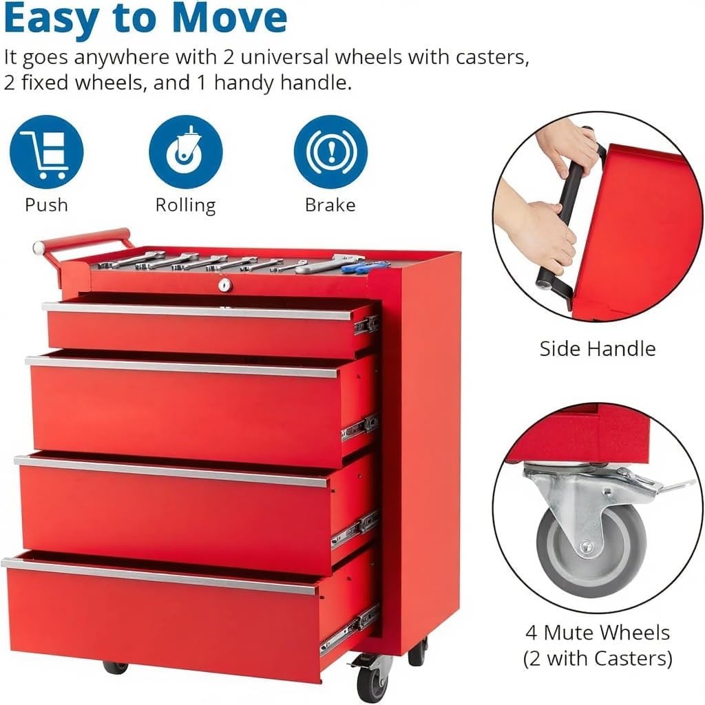 Rolling Tool Chest with 4 Drawers – Heavy Duty Metal Storage Cabinet with Locking System, Global Lockable Wheels & Drawer Liners – Mobile Toolbox Organizer for Garage, Workshop – Color: