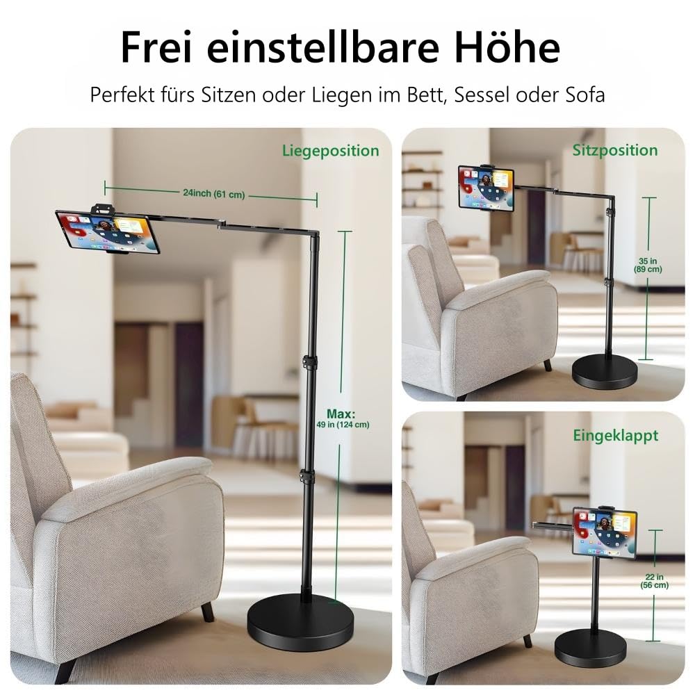 elitehood Verstellbarer iPad Bodenständer mit Schwerlast-Standfuß, 61 cm Horizontaler Langer Arm Tablet Ständer Halterung für Bett & Sofa – Kompatibel mit iPad mini/Air/Pro 12.9" und 4.7-13" Geräten