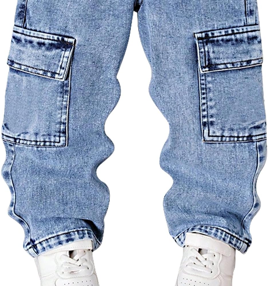 Nivne Tco Toddler Boys Cargo Jeans Casual Elastic Waist Blue Straight-Leg Denim Pants with Multi-Pocket